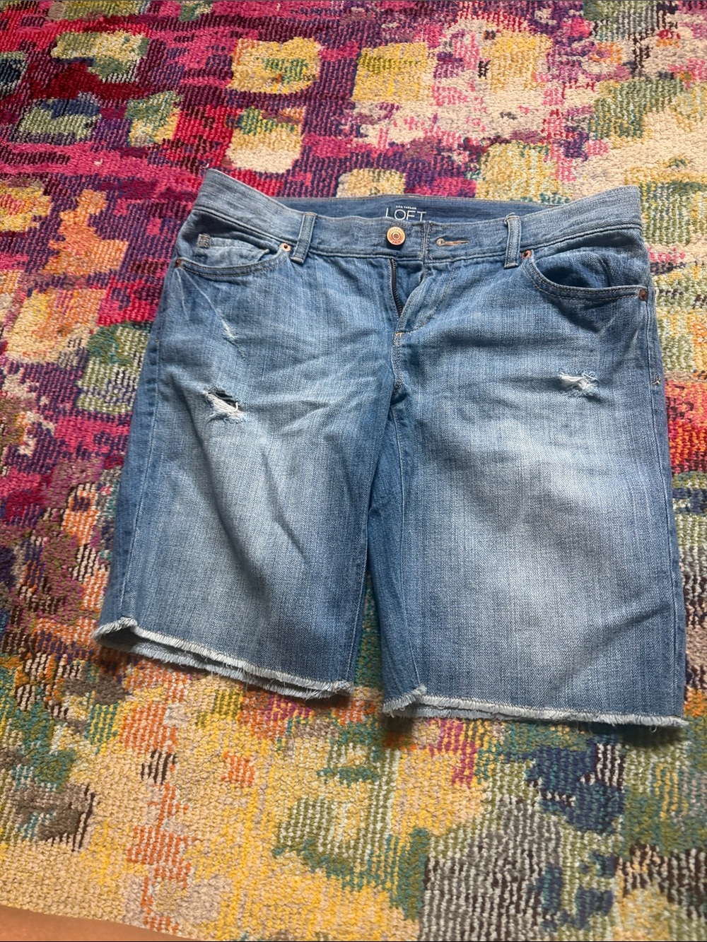 LOFT Distressed Mid-Blue Denim Bermuda Shorts